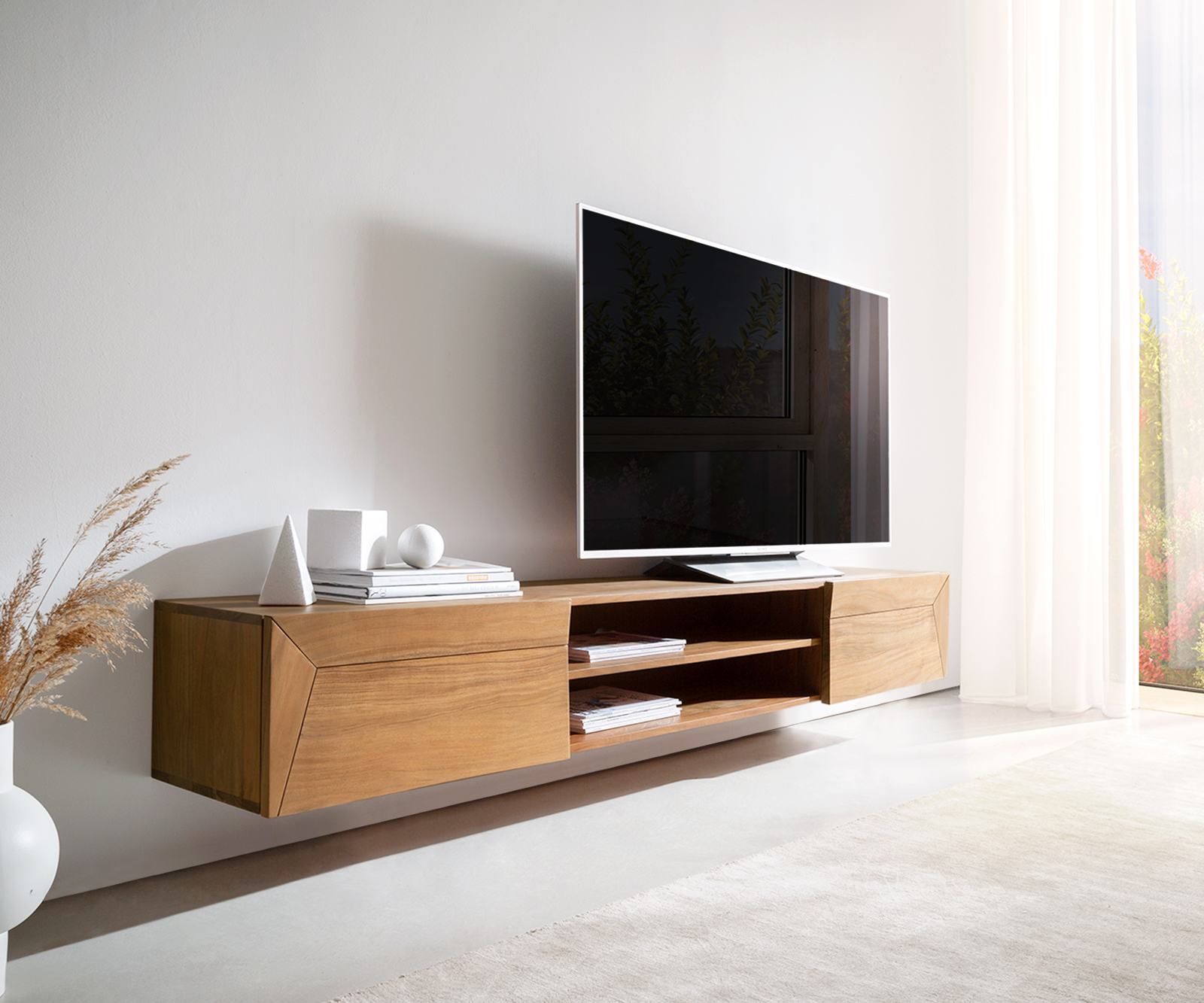 Meuble Tv Kayu Cm Acacia Naturel Portes Flottantes