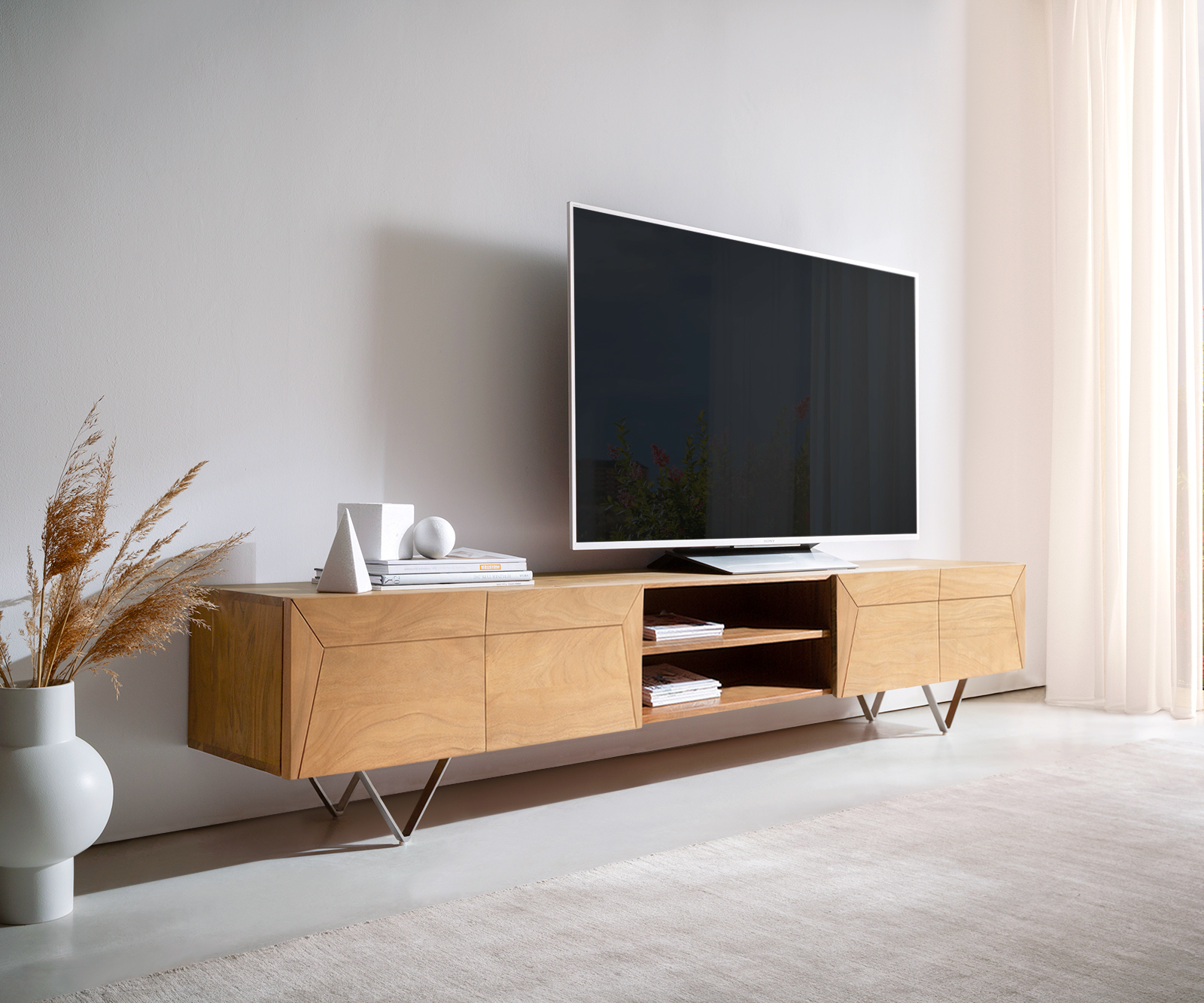 Meuble TV Kayu 240 Cm Acacia Naturel 4 Portes Pied En V