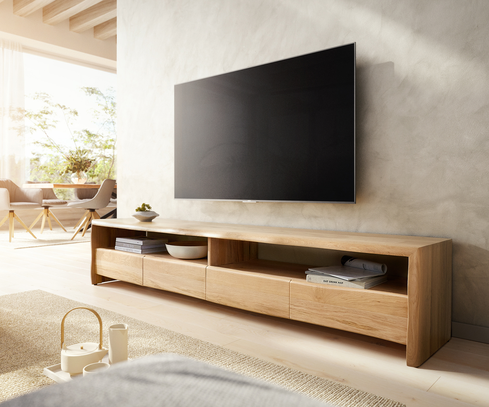 Meuble TV Live Edge 230 cm chêne naturel 4 tiroirs bordure d arbre massif