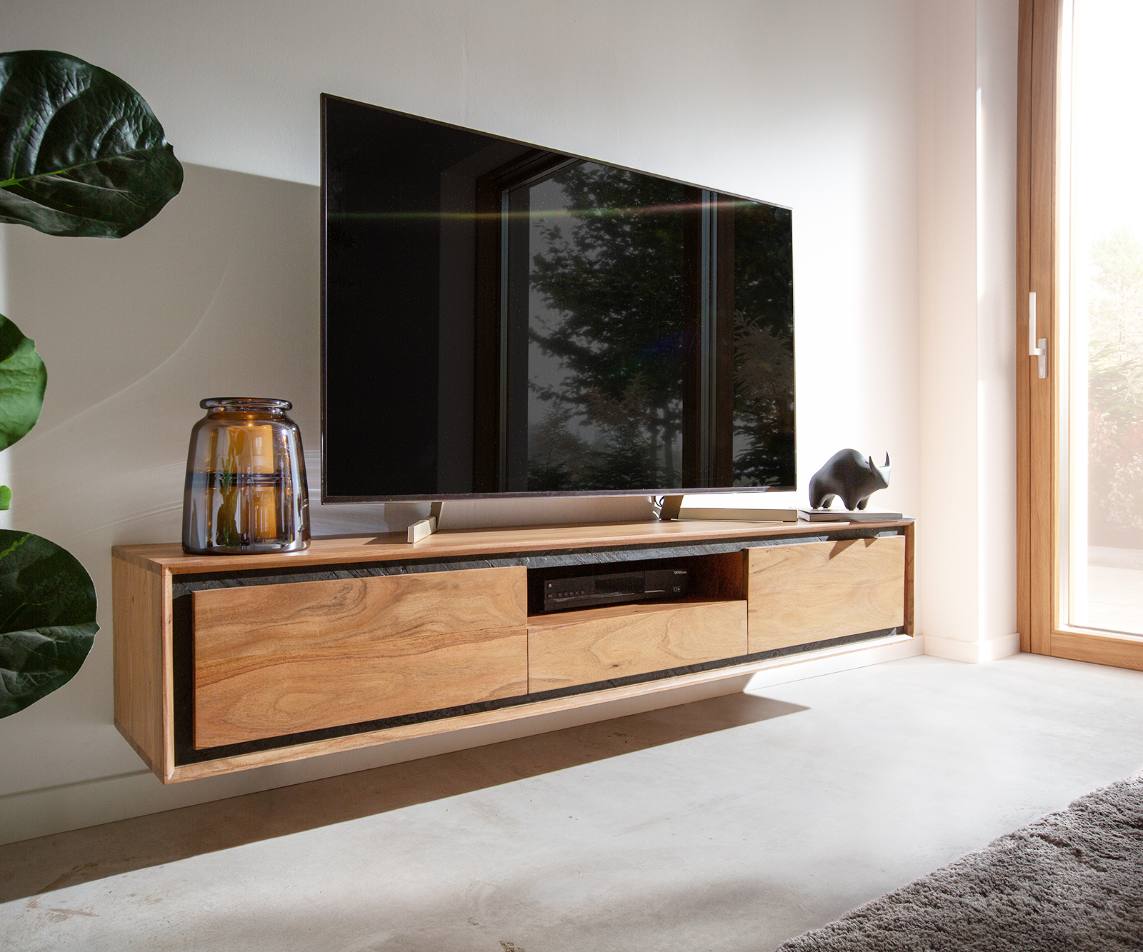 Meuble-TV Stonegrace 240 cm acacia nature 4 portes