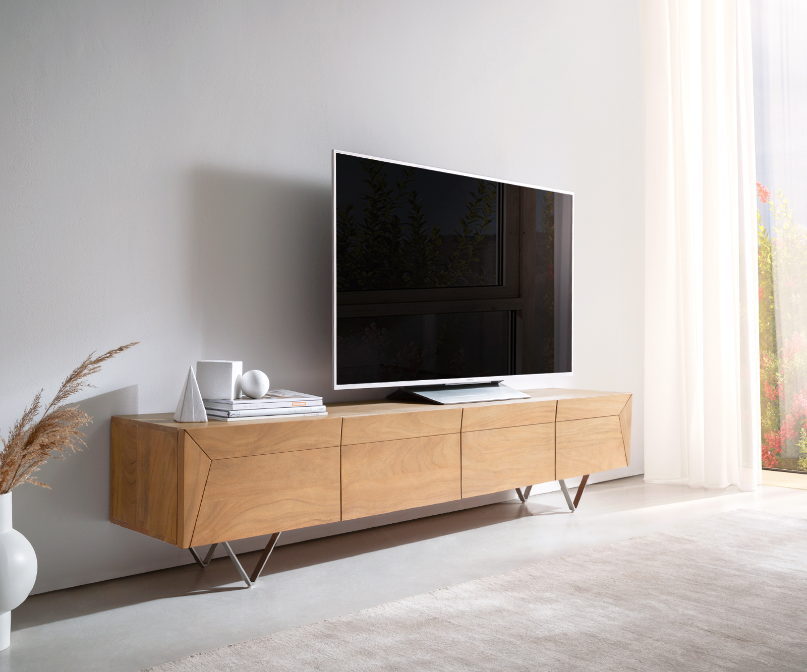 Meuble-TV Kayu 200 cm acacia naturel 4 portes pied en V