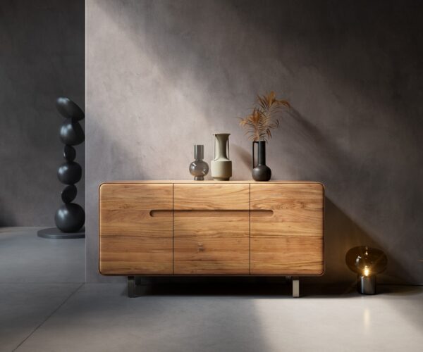 Buffet Anaya 145 cm acacia naturel 3 portes pied en L inox