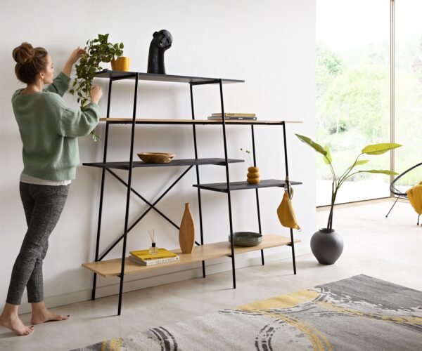 Bibliothèque Mikkusu 185x160cm bambou naturel manguier noir 5 étagères métal noir