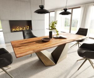 Table à manger Edge 240x100 acacia naturee Prisma métallique doré Live-Edge
