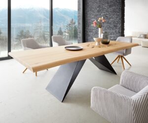 Table à manger Edge 260x100 chêne nature cadre en V acier plat noir Live-Edge