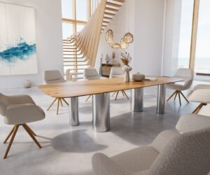 Table à manger Edge Boot 300x120x3-3,2 Chêne Nature Pilier Acier inoxydable brossé Bord suisse