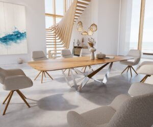 Table à manger Edge Boot 300x120x3-3,2 chêne nature Spider acier plat acier inoxydable bord suisse