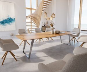Table à manger Edge Boot 300x120x3-3,2 chêne nature acier inoxydable inclinée bord suisse
