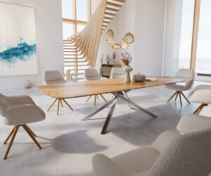 Table à manger Edge Boot 300x120x3-3,2 chêne nature cadre croisé rectangle acier inoxydable bord suisse