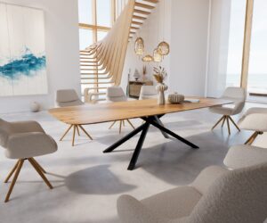 Table à manger Edge Boot 300x120x3-3,2 chêne nature cadre croisé rectangle noir bord suisse