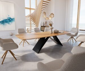 Table à manger Edge Boot 300x120x3-3,2 chêne nature cadre en V acier plat noir bord suisse